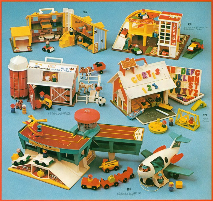 Assorted Fisher-Price play sets, catalog photo, The Strong, Rochester, New York.
