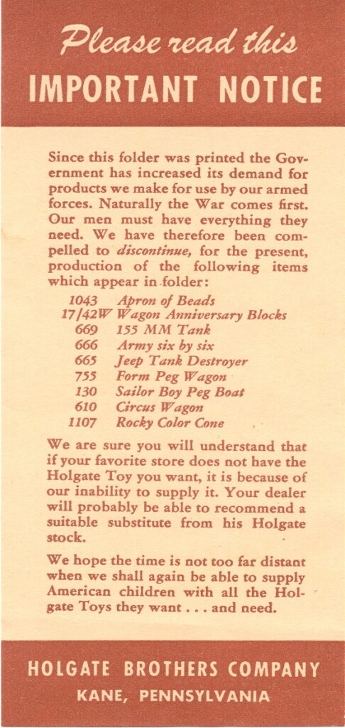 Holgate Brothers Company catalog notice, about 1942, from The Stephen and Diane Olin Toy Catalog Collection, courtesy of The Strong, Rochester, New York.