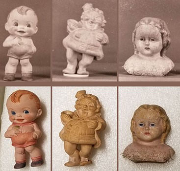 Group of rubber squeak toys and dolls from left to right dated 1957, 1950, and 1881. The Strong, Rochester, New York.