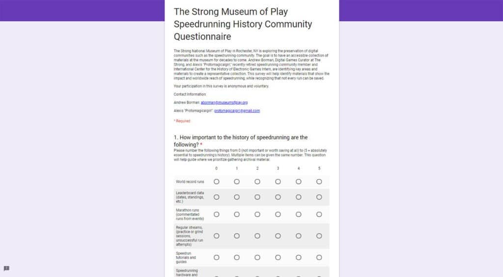 The Strong Museum of Play Speedrunning History Community Questionnaire, The Strong, Rochester, New York