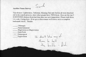 Name change survey with comment from Sarah Stocker, 1992. From the Don Daglow papers, 1977–2012. The Strong, Rochester, New York.