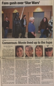 Article showing workers being escorted to the movie by Darth Vader and a storm trooper, 1999. From the Don Daglow papers, 1977–2012. The Strong, Rochester, New York.