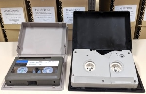 Photograph of U-matic tapes from the Atari Coin-Op Division corporate records, The Strong, Rochester, New York. 