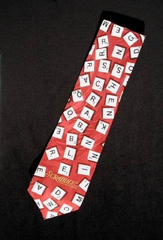 Scrabble necktie from the collection of Strong National Museum of Play. You know you're obsessed if you can't look at this tie without trying to anagram the tiles.