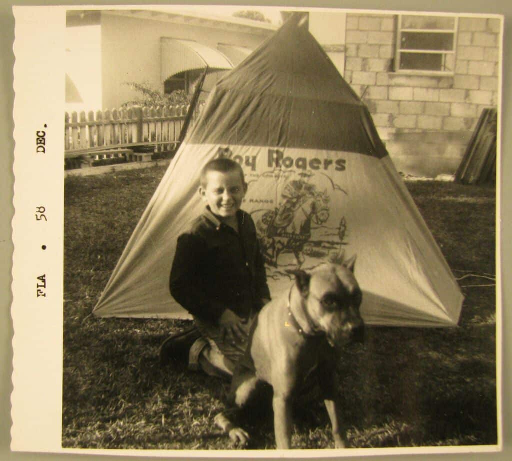 I never had a cool Roy Rogers tent like this one, but the picnic table made a good substitute structure for all sorts of imaginative play. Photograph, 1958. Gift of Jay Mechling, from the collection of Strong National Museum of Play.