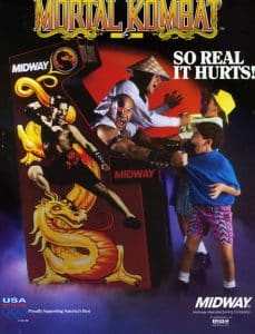 Mortal Kombat advertisement flyer, 1992, from the collection of Strong National Museum of Play. The graphic violence in Mortal Kombat , especially the infamous Fatalities that included ripping out an opponent’s spine , sparked governmental hearings on the ideas of corruption and violence in video games, leading to the creation of the ESRB in 1994.