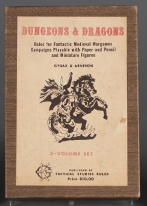 The first published Dungeons & Dragons set, “Woodgrain box,” Tactical Studies Rules, 1974, The Strong, Rochester, New York.