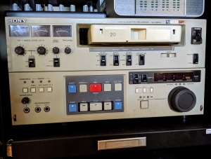 U-matic player on a/v rack in Brian Sutton-Smith Library and Archives of Play