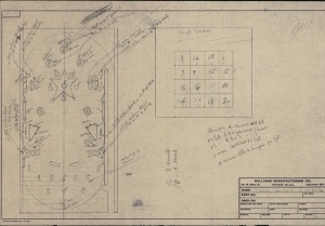 Playfield and backglass sketch for Disk Jockey, Williams Manufacturing Company, 1952.