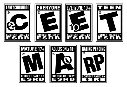 The ESRB provides ratings from Early Childhood, which are suitable for children as young as three years old, to Adults Only, which can only be purchased by persons 18 years of age or older. As of 2010, only 23 products contain an AO rating. Image courtesy of Wikipedia.