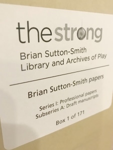 A photo of the label of Box 1 of 171 of the Brian Sutton-Smith papers at the archives at The Strong.