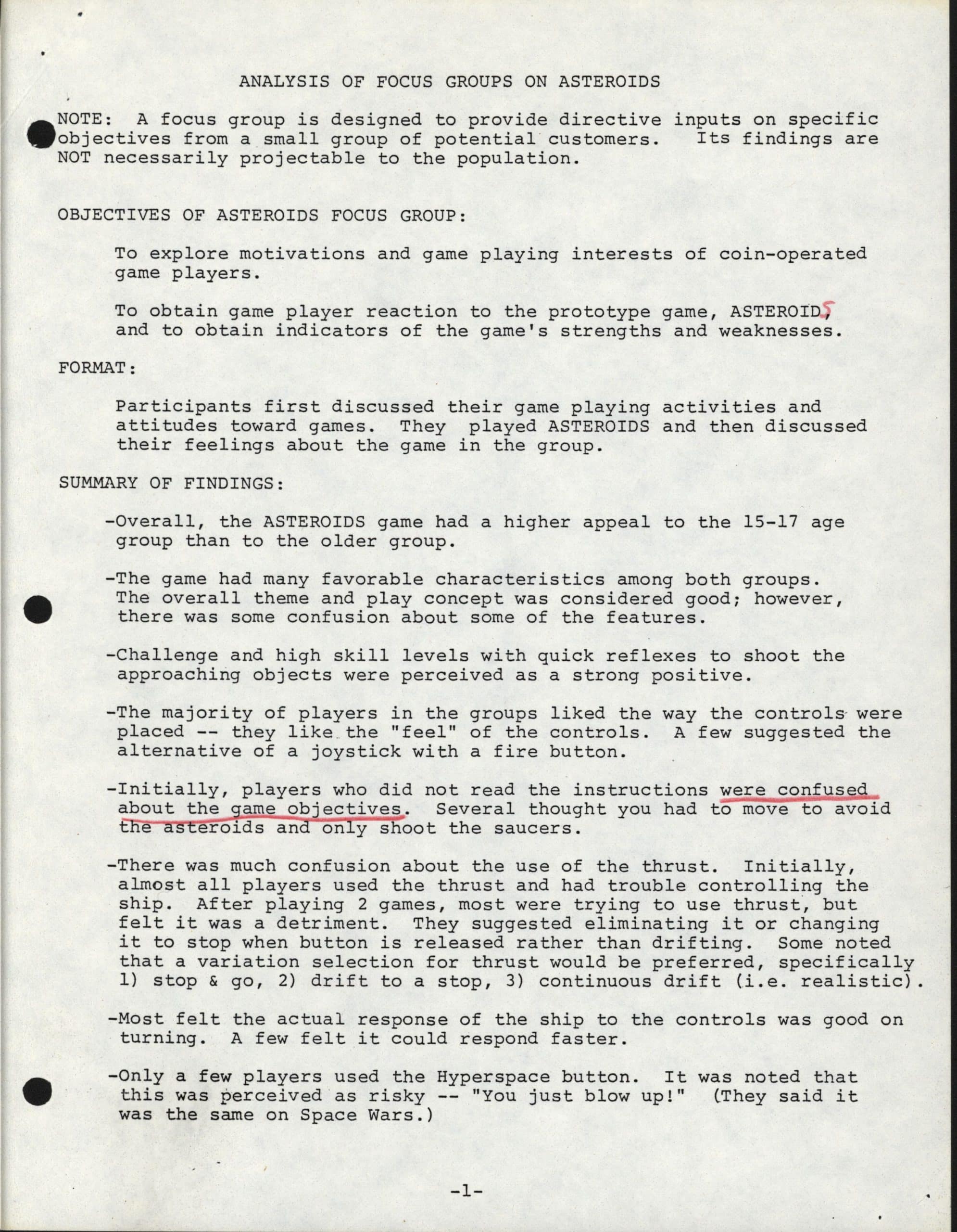 Focus Group Summary, Asteroids, June 14, 1979. Courtesy of The Strong, Rochester, NY