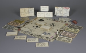 Handmade Monopoly set from the 1930s centered around towns and properties in Illinois. Gift of Margaret McAllister in memory of Lester Belden McAllister Jr. The Strong, Rochester, New York. 