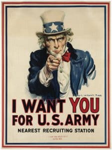 James Montgomery Flagg's I Want YOU for US Army Recruiting Poster, 1917, Photo courtesy of Flickr user Boston Public Library through Creative Commons Attribution 2.0 Generic CC BY 2.0