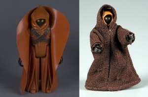 Jawa with reproduction plastic cape vs. Jawa II with fabric cloak. The Strong, Rochester, New York