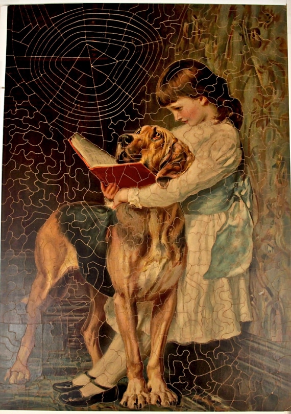 G. W. Fiss Jr.’s puzzle, “Compulsory Education,” was originally an ad for Pears’ Soap. The dog woefully glares at the spider web cut. “Who can puzzle that out?” Courtesy of The Strong, Rochester, New York.