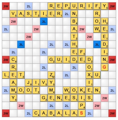 A screen grab from a recent online Lexulous match against my brother. Though I squeaked by him for a rare win, it’s amazing what Mike can do with a J, X, and Z. 