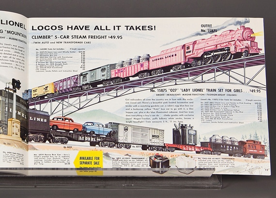 Lionel advertised the pastel train set in its 1958 catalogues in an attempt to unload the stock that did not sell the year before. The ad copy took some liberty with the truth when it proclaimed: “Girl railroaders all over the country are in love with this exclusive Lionel set!” Lionel 1958 trade catalogue from The Stephen and Diane Olin Toy Catalog Collection, courtesy of The Strong, Rochester, New York.