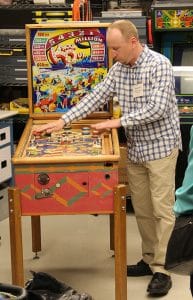 Martin Reinhardt explaining the process of preserving pinball games, The Strong, Rochester, NY