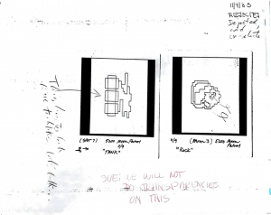 Rejected designs for a tank and moon rock in Atari's Moon Patrol game. The