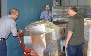 Moving pallets off the semi-trailer, June 2014, The Strong, Rochester, New York