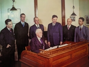 Parker Brothers executives, undated; includes Robert B. M. Barton (2nd from left) and George S. Parker (seated). Box 11, Folder 13, Philip E. Orbanes papers, The Strong, Rochester, New York.