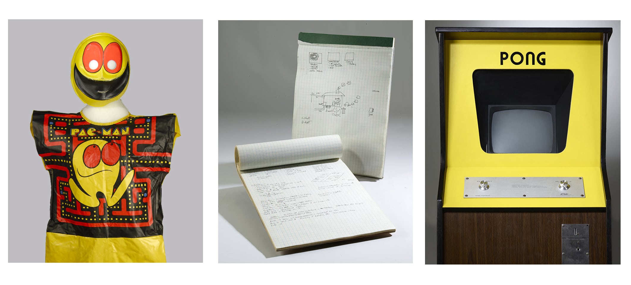 Pong arcade game, Will Wright design notebooks, and Pac Man halloween costume