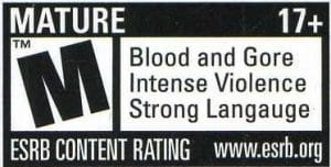 Quake 4, detail from PC game package, 2005, from the collection of Strong National Museum of Play. All games are not only given a rating by the ESRB, they also provide explanations for why each particular rating was chosen. Games like Quake 4, which are rated M for Mature, are intended only for adults ages 17 and over due to their graphic violence. 