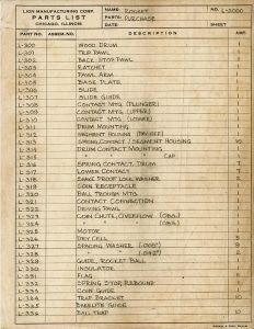 Parts list for Rocket, Bally, 1933.