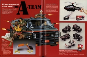 1984 L.J.N. Ltd, The Strong, Rochester, New York. This catalog offered a bevy of A-Team vehicles, including B.A.’s signature GMC van – black with a red stripe and rooftop spoiler. The 1984 L.J.N. Ltd catalog