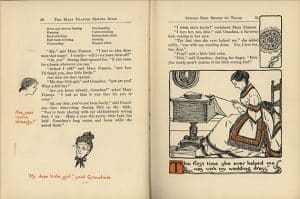 In The Mary Frances Sewing Book: Adventures among the Thimble People, published in 1913, Mary Frances’ grandmother’s magical sewing notions teach her how to sew clothes for her doll. Included in the book were actual patterns so the reader could “sew along” with Mary Frances.