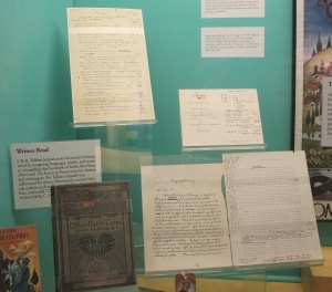 A part of the Tolkien case in The Strong’s Reading Adventureland, showing several reproductions of Tolkien’s notes from The Lord of the Rings and The Hobbit, The Strong, Rochester, New York.