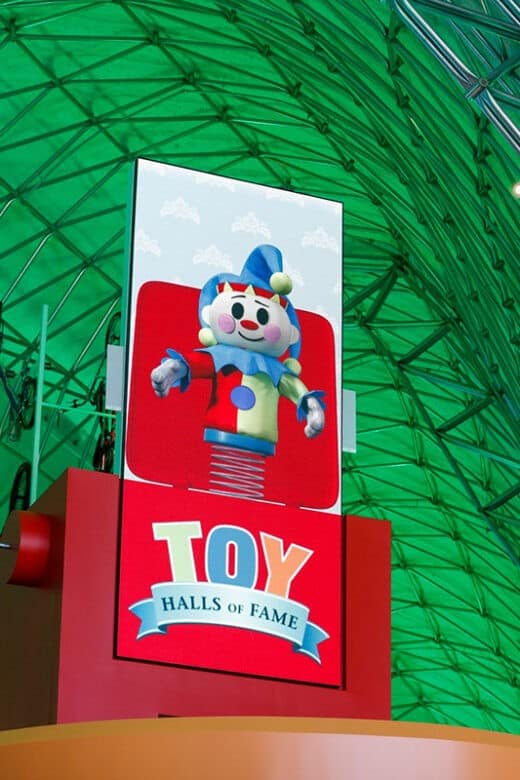 Digital screen on Toy Halls of Fame elevator with exhibit logo