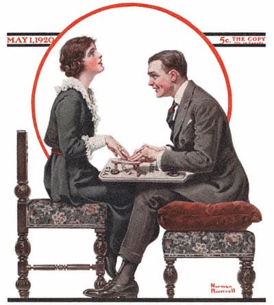 Another example of the 1920s Ouija craze is the Saturday Evening Post cover from May 1st, 1920. Notice how she looks dreamily heavenward, while he pushes the planchette around. 