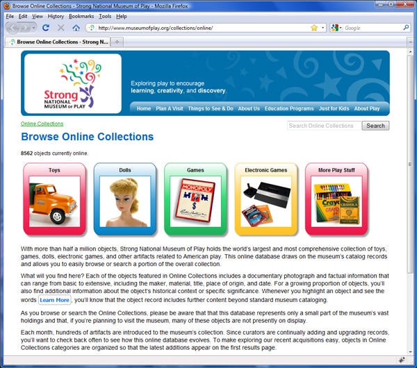 Screenshot of the Online Collections database