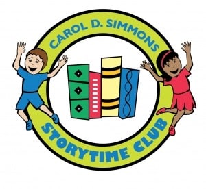 Storytime Club logo with kids jumping by books