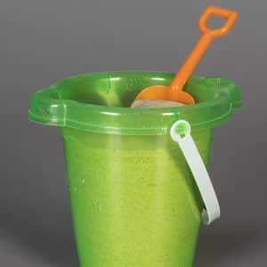 plastic bucket of sand with shovel