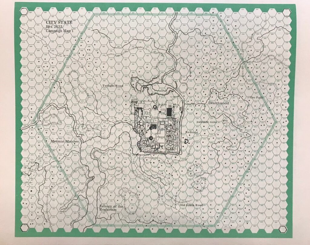 An example of a hex map commonly used in paper game versions of Dungeons & Dragons and war simulation games. Allen Hammack Dungeon’s & Dragons collection, Brian Sutton-Smith Library and Archives of Play at The Strong.