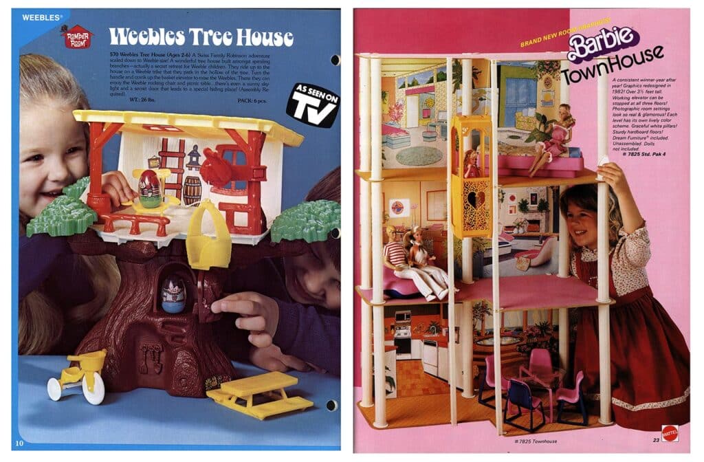 Catalog pages advertising Weebles Tree House, Hasbro, Inc. 1976 and Barbie Town House, Mattel, Inc. 1983. The Strong, Rochester, New York