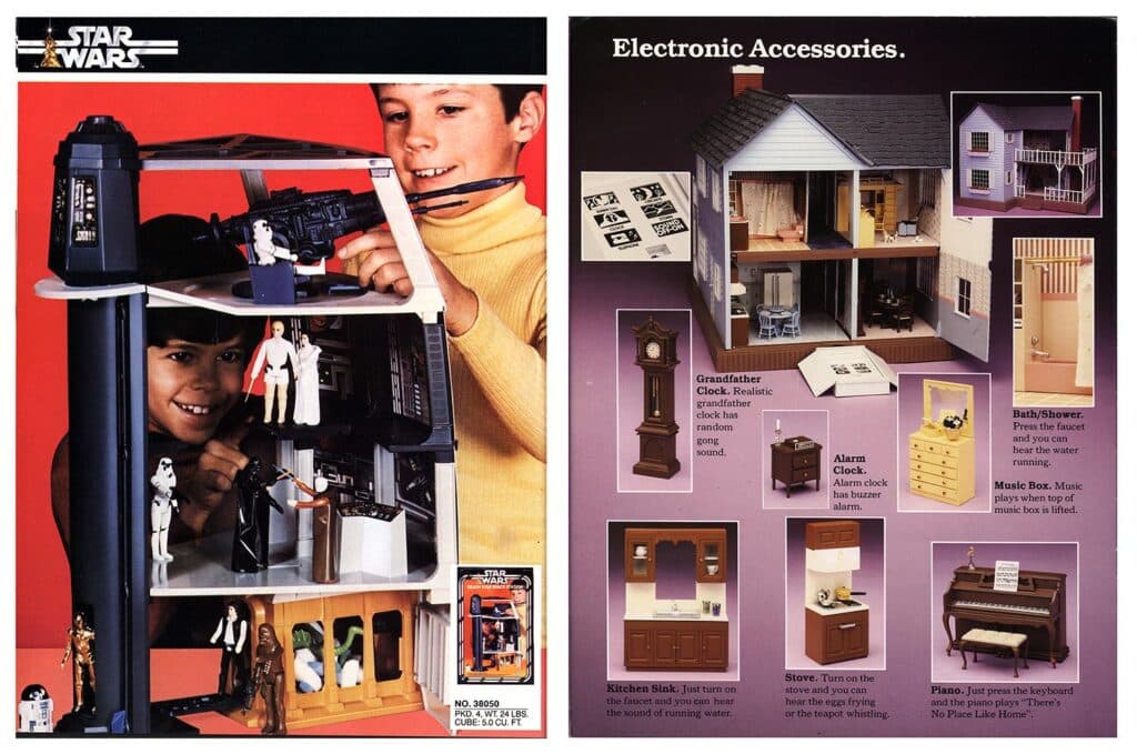 Catalog pages advertising Death Star play set, Kenner Products, 1979 and Sounds Like Home play set, Fundimensions Corporation, 1982. The Strong, Rochester, New York.