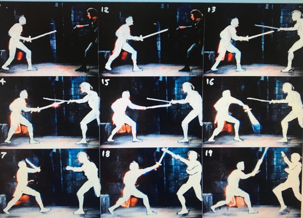 Image depicting film footage of actors staging a fight sequence for Prince of Persia. Brøderbund, 1989. Jordan Mechner papers, Brian Sutton-Smith Library and Archives of Play at The Strong.