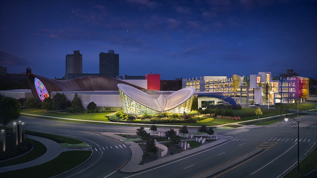 Museum exterior at night