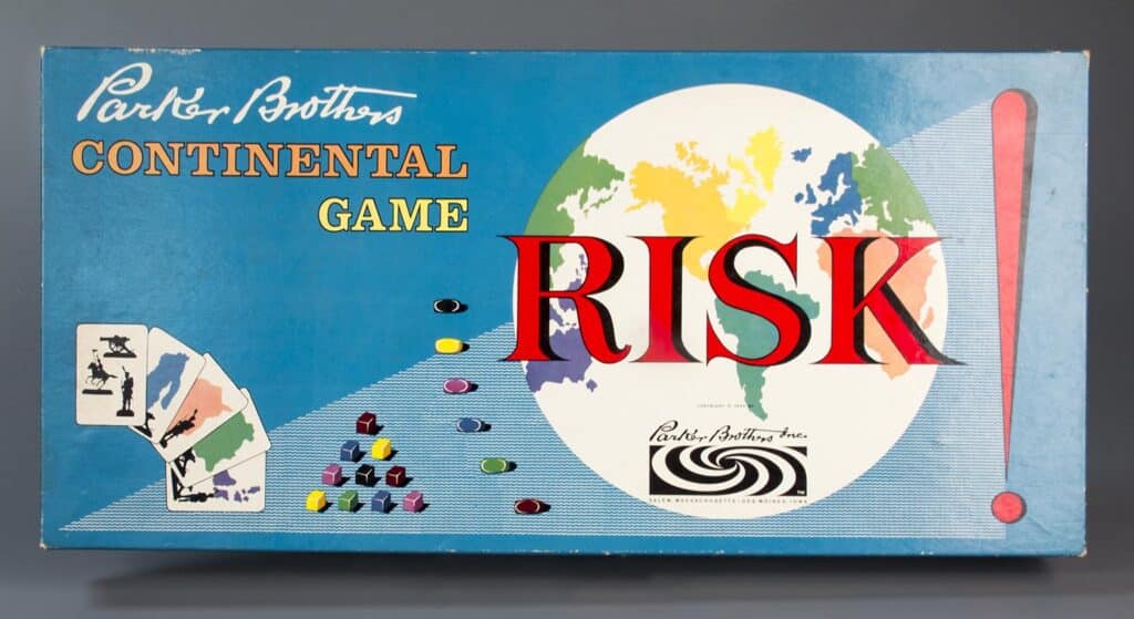 Risk board game, 1959, The Strong, Rochester, NY. Soon after publication Parker Brothers changed the box cover tagline to “the game of global domination.” 