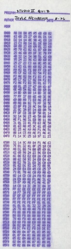 “Studio II Quiz” source code printout, Joyce A. Weisbecker, August 1976. From Box 1, Folder 1, Joyce A. Weisbecker papers. The Strong, Rochester, New York.