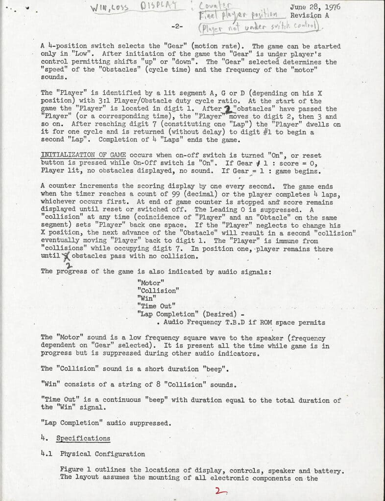 Game specifications for Mattel’s Auto Race by George Klose, with annotations by Mark Lesser, 1976. From the Mark B. Lesser papers, 1973-1999. The Strong, Rochester, New York.