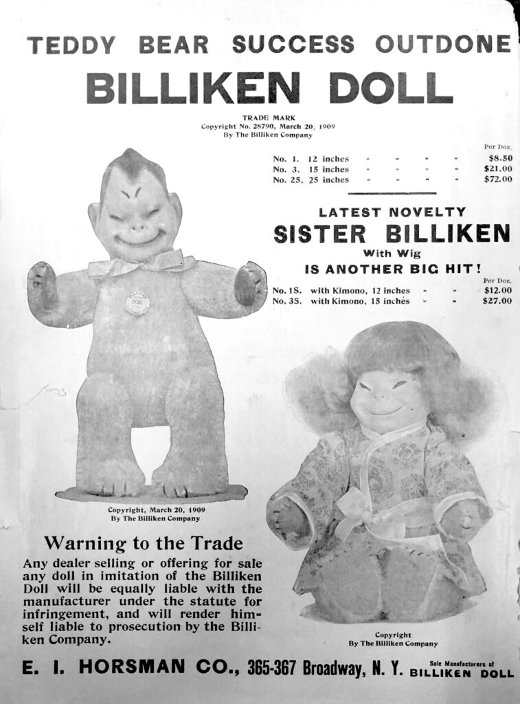 Advertisement for the Billiken doll and "Sister Billiken" in Playthings (January 1910), The Strong, Rochester, New York. 