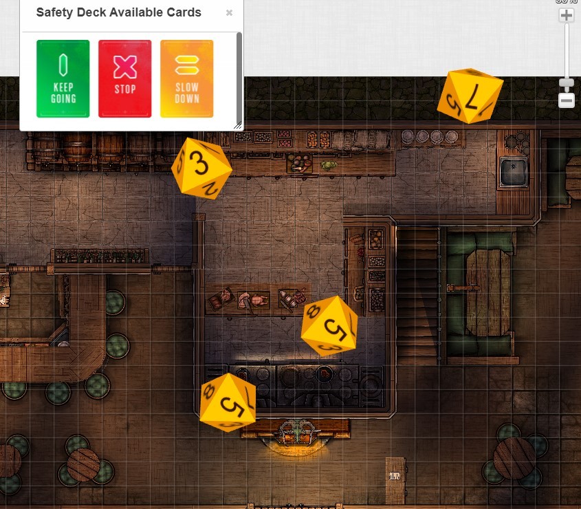 Roll20's safety tools card deck in use on their virtual platform. Screenshot of Roll20.net (https://roll20.net/) gameplay