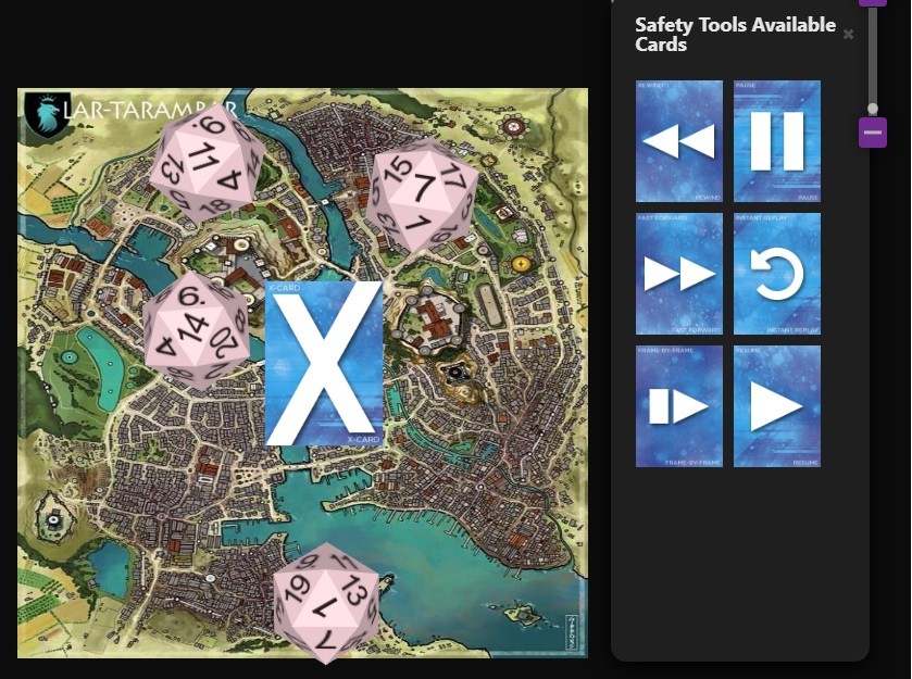 Evil Hat Production's free safety tools bundle in action on Roll20.net. Screenshot of safety tools provided by Evil Hat Productions (https://www.evilhat.com/home/) on Roll20.net (https://roll20.net/)