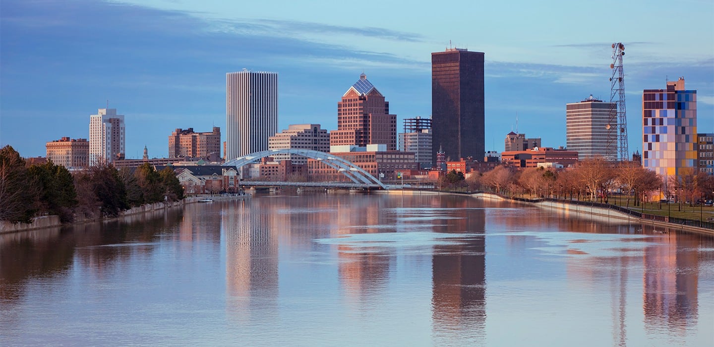 Rochester skyline over Genesee river