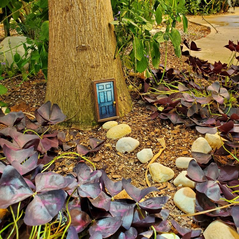 Tree with a Fairy Door surrounded by flowers